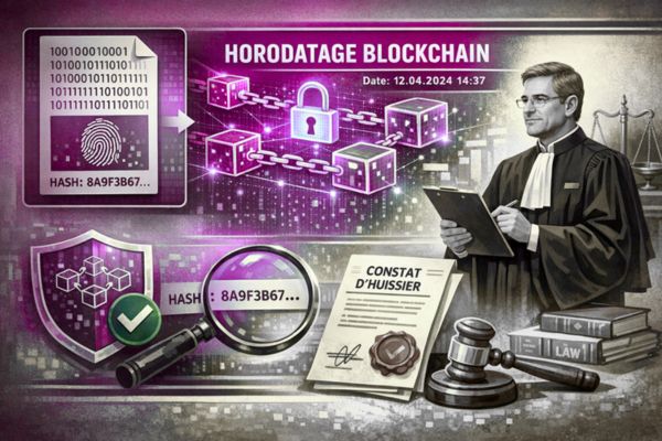 Illustration of blockchain timestamping with a chain of blocks, cryptographic hash and a bailiff’s report confirming the legal value of digital evidence