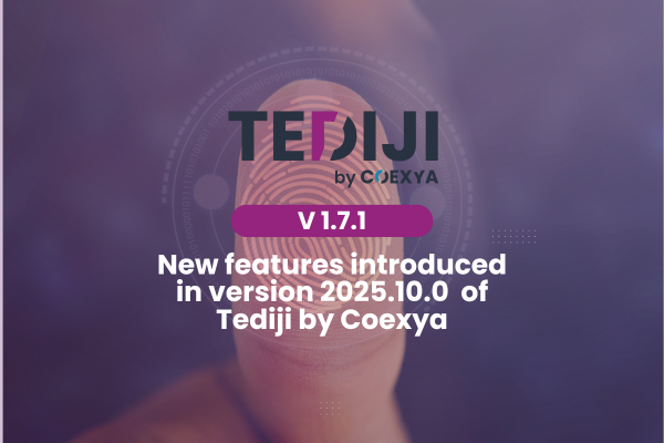 Promotional image from Tediji by Coexya presenting version V1.7.1 and the new features of update V2025.10.0.