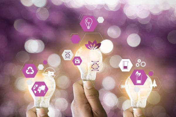 Hand holding light bulbs with ecological and energy icons, illustrating sustainable innovation, renewable energy and energy traceability