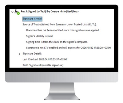 Validation of a document signed with a qualified eIDAS server seal displayed in a PDF reader