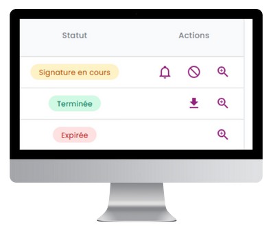 Interface Tediji affichant la liste des demandes de signature avec statuts et actions rapides (t&eacute;l&eacute;chargement, relance, annulation)