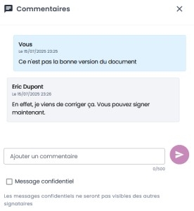 Interface Tediji montrant les commentaires entre signataires et créateur d’une demande de signature électronique
